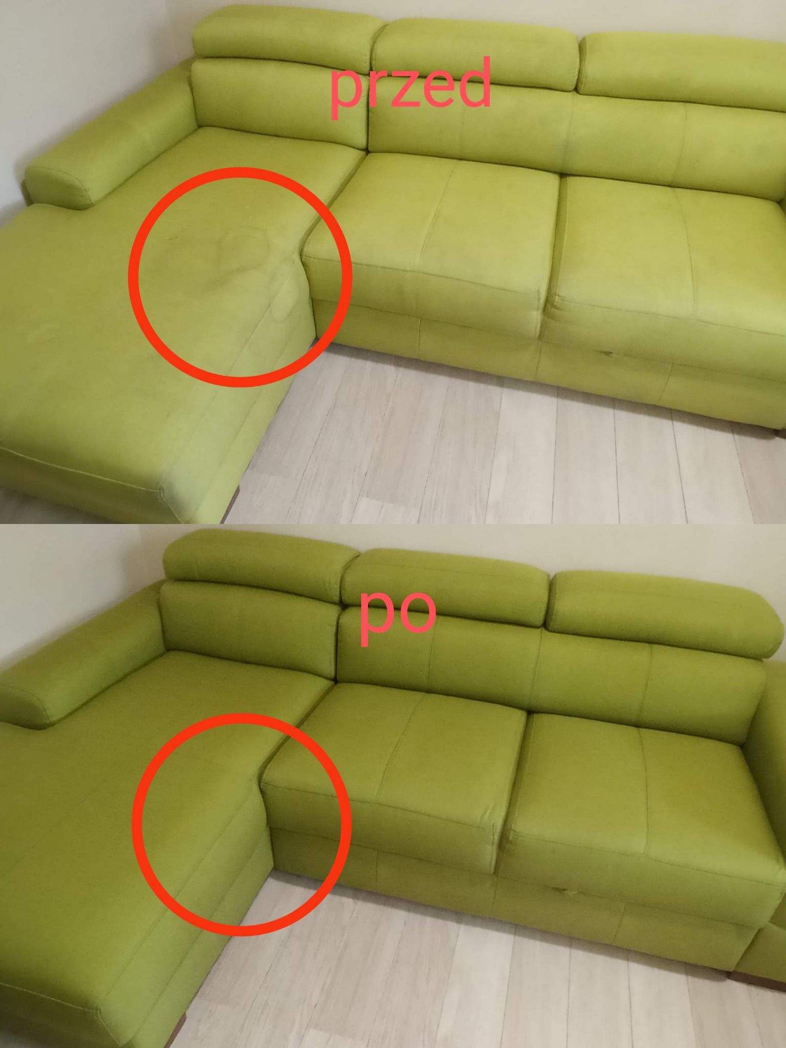Zdjęcie 'przed' i 'po' prania narożnika w odcieniach zieleni, z widoczną plamą na siedzisku przed czyszczeniem i czystą tapicerką po zabiegu.