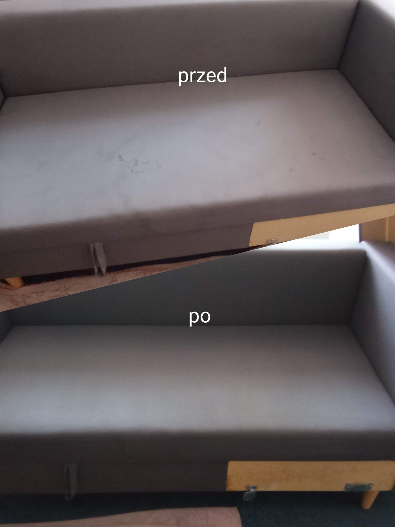 Kanapa w odcieniach szarości, ujęcie przed i po czyszczeniu, widoczne różnice w czystości tapicerki.
