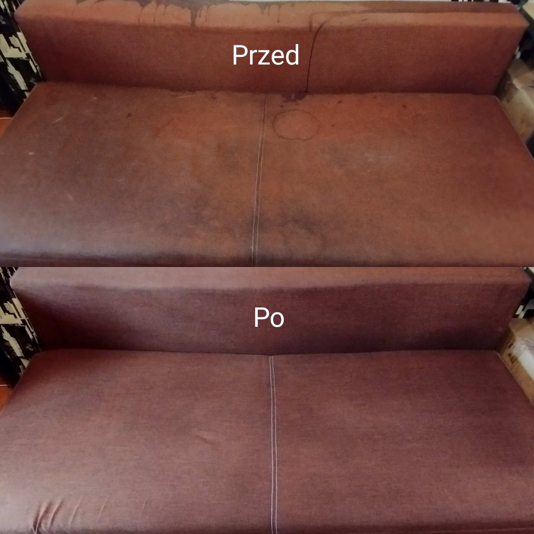Brązowa kanapa z wyraźnym kontrastem stanu przed i po czyszczeniu, widoczne plamy i zabrudzenia na górnej części zdjęcia, a dolna część prezentuje odświeżoną tapicerkę.