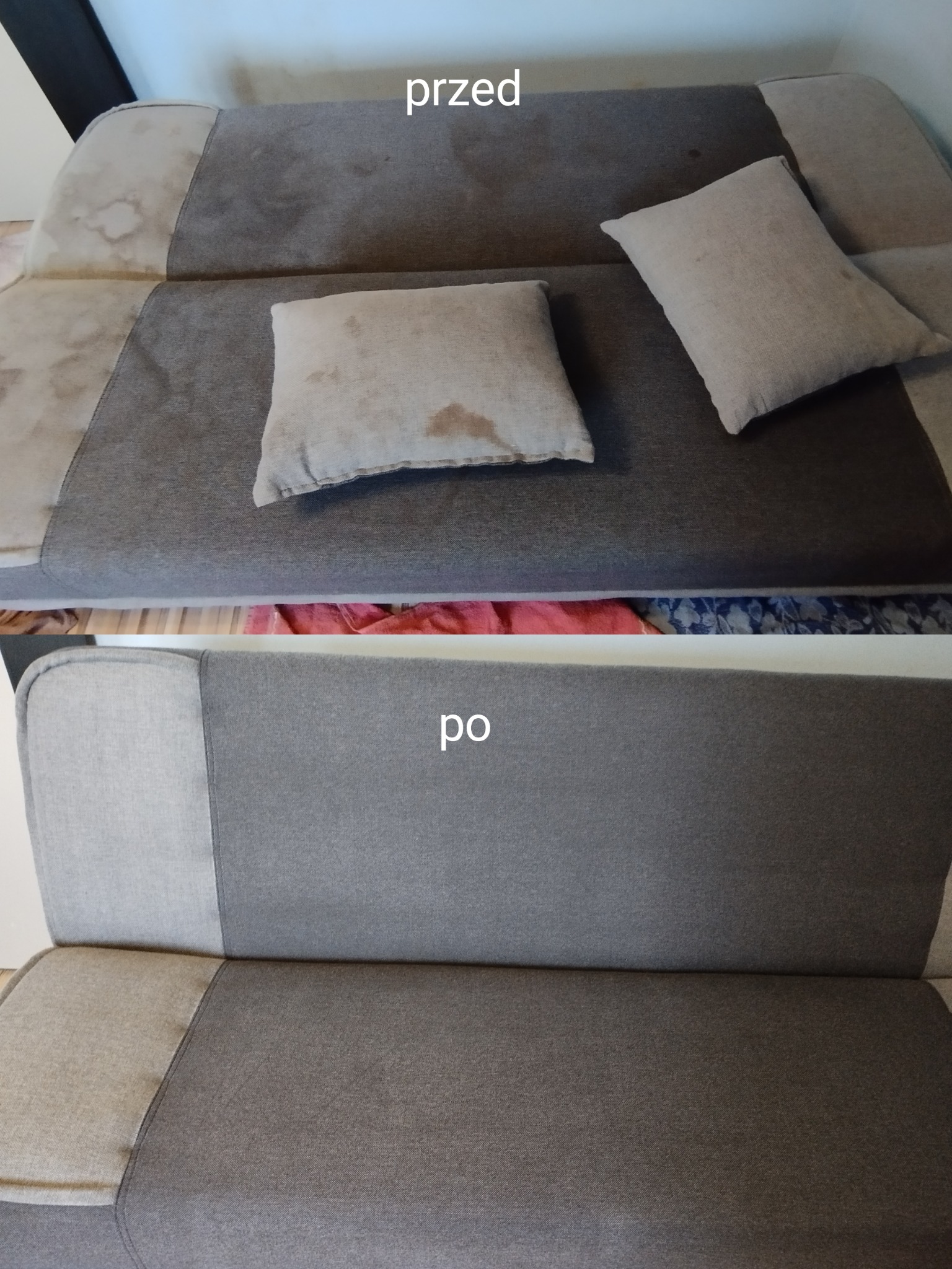 Dwuczęściowe ujęcie kanapy: górna część pokazuje zabrudzenia i plamy na tapicerce i poduszkach z napisem 'przed', dolna część prezentuje czystą kanapę po zabiegu z napisem 'po'.