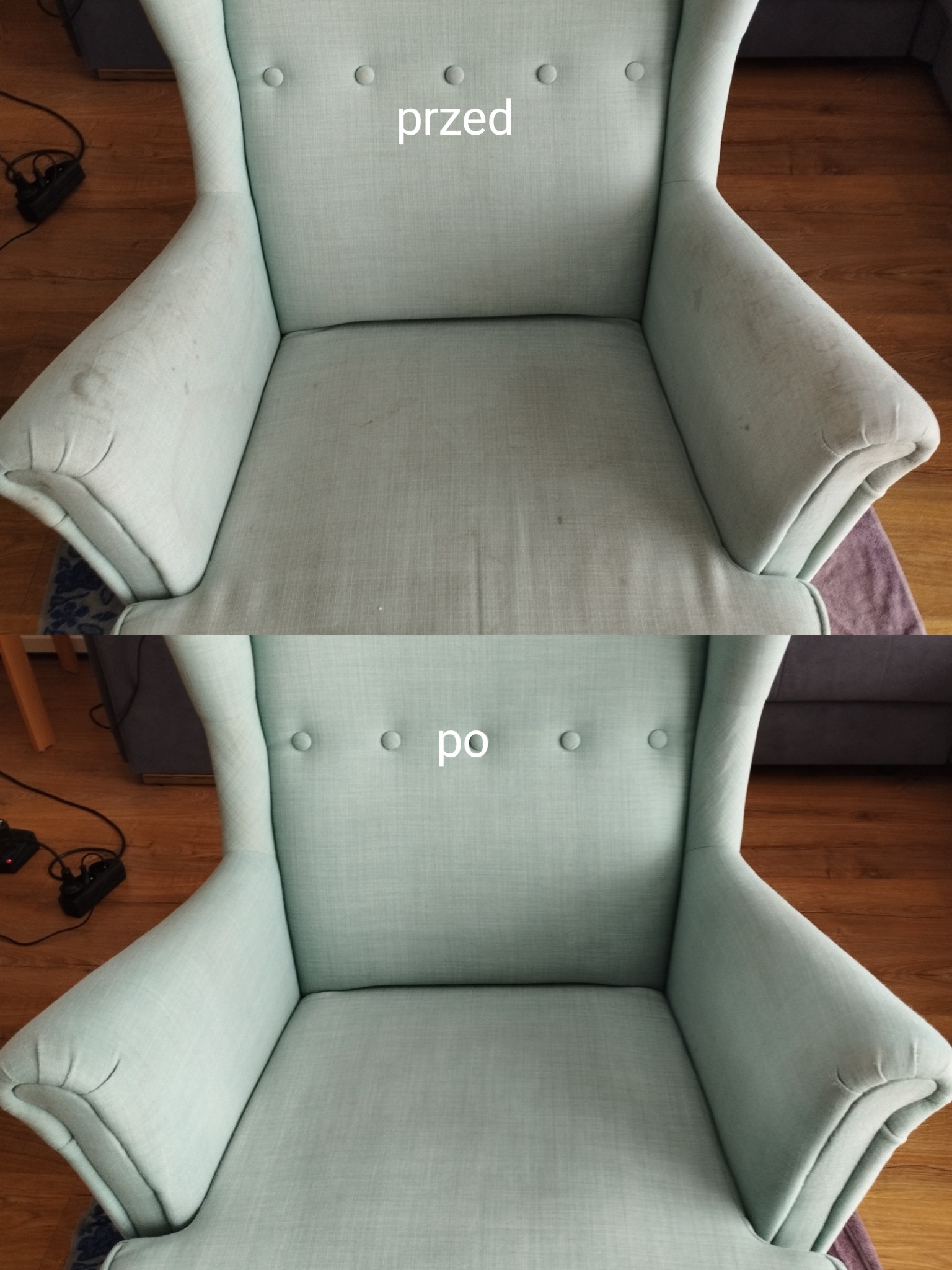 Fotel tapicerowany w odcieniach błękitu, podzielony na pół: górna część pokazuje zabrudzenia na siedzisku i podłokietnikach, oznaczona jako 'przed', a dolna część prezentuje fotel po czyszczeniu...