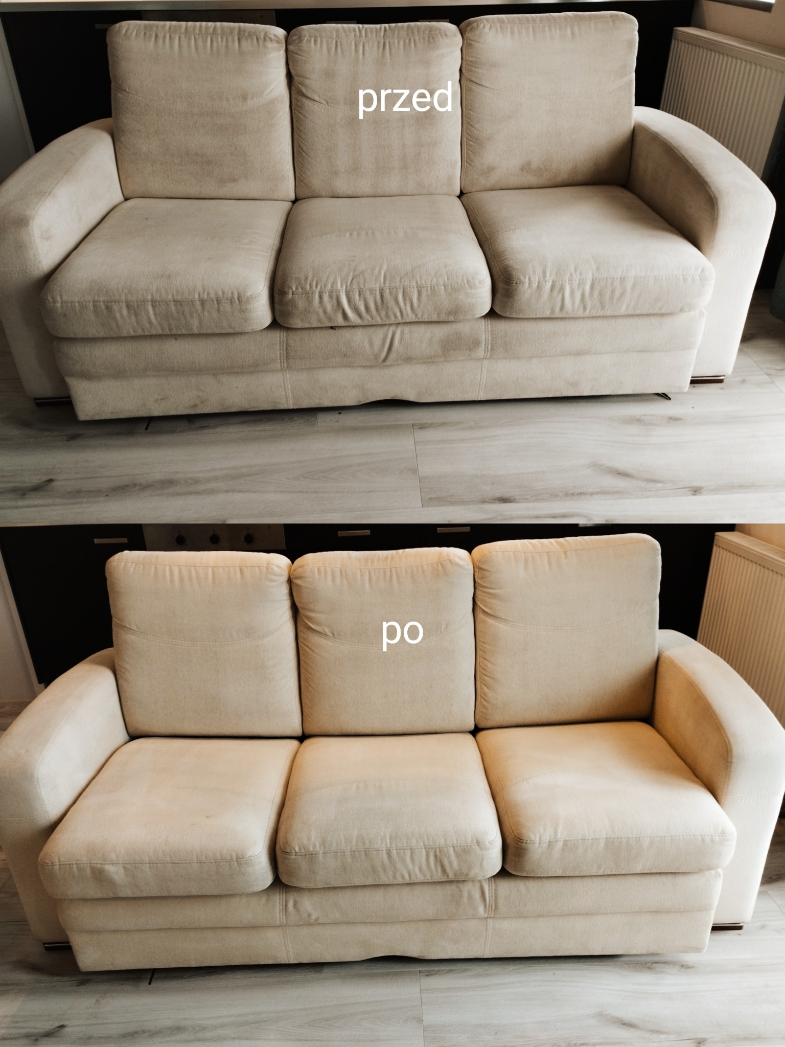 Beżowa sofa trzyosobowa: widok przed i po czyszczeniu, ukazujący różnicę w odświeżeniu tapicerki.