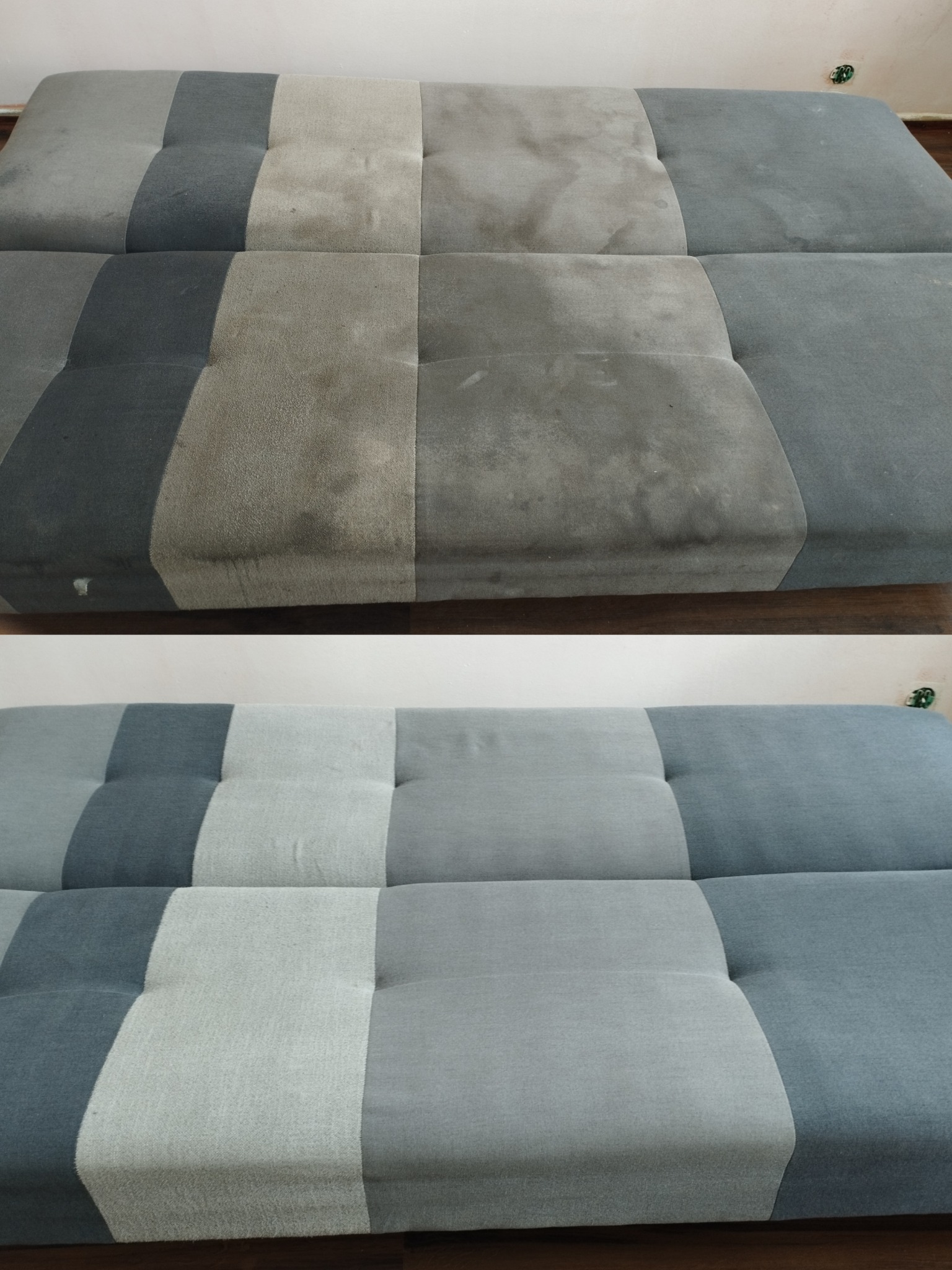 Porównanie stanu kanapy w Gdyni przed i po praniu: widoczna wyraźna różnica w czystości i odświeżeniu kolorów na tapicerce w odcieniach szarości.