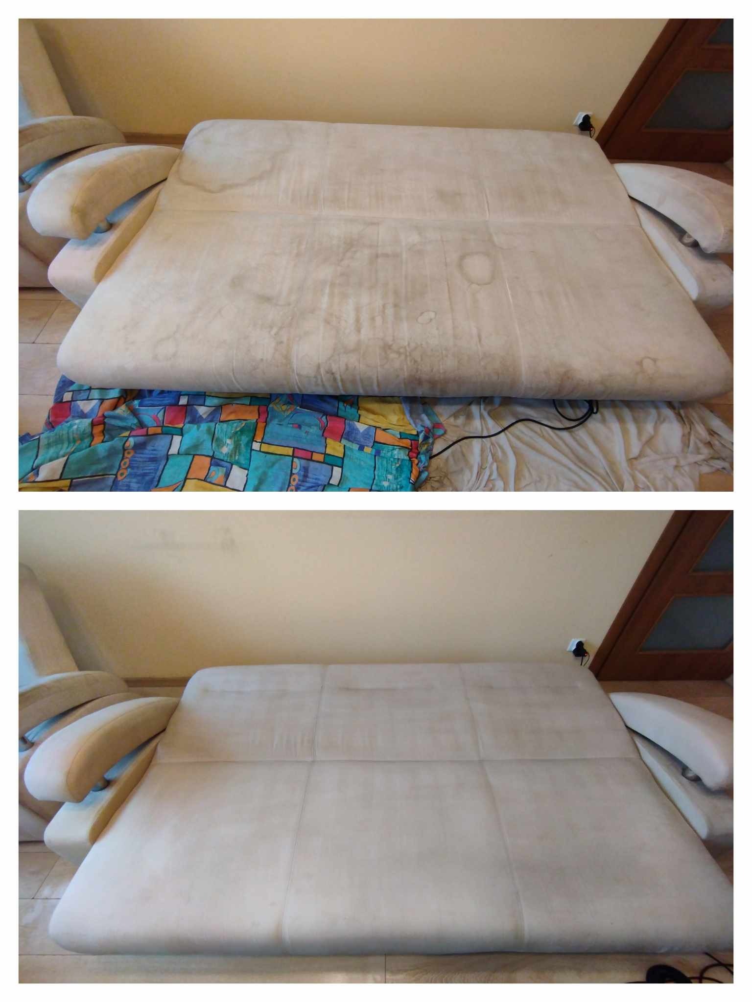 Zdjęcie przedstawia sofę z jasną tapicerką, podzielone na dwie części: górna pokazuje sofę przed czyszczeniem, z widocznymi plamami i zabrudzeniami, leżącą na kolorowej narzucie, podczas gdy dolna...