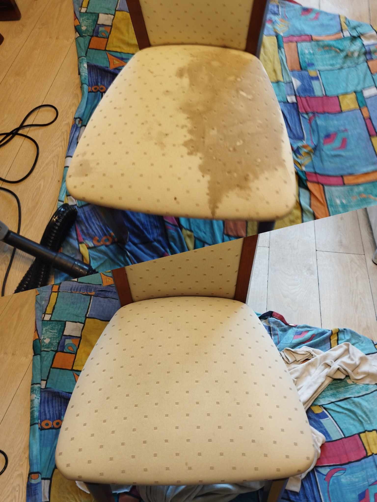Krzesło tapicerowane z widoczną różnicą w czystości siedziska, po lewej stronie plamy i zabrudzenia, po prawej czysta tapicerka, obok wąż odkurzacza i kolorowa narzuta.
