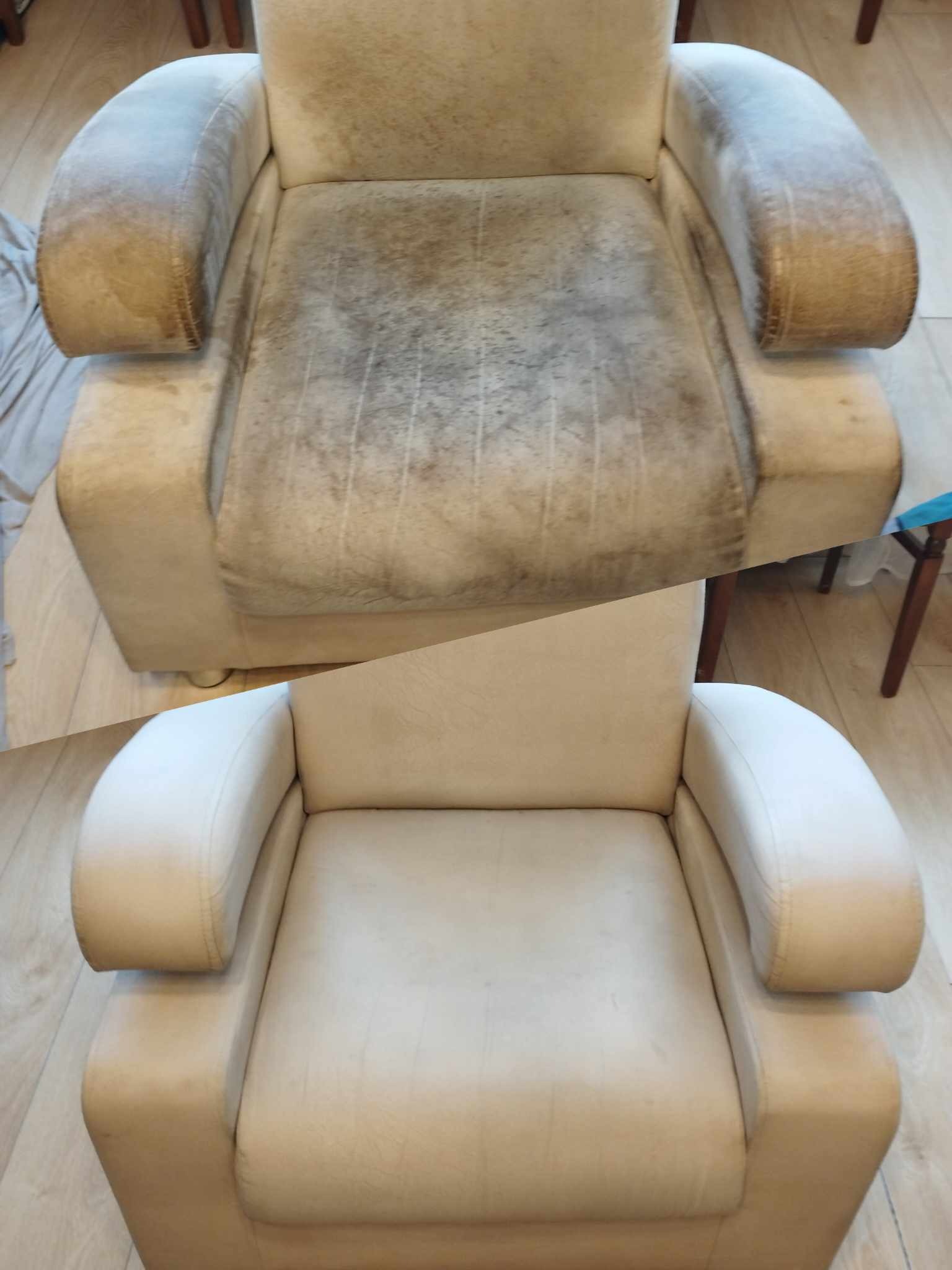 Beżowy fotel tapicerowany, ujęcie przed i po czyszczeniu, widoczna wyraźna różnica w kolorze i czystości tkaniny.