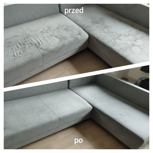 Porównanie stanu narożnika tapicerowanego przed i po czyszczeniu, widoczne wyraźne plamy usunięte z szarej tkaniny.