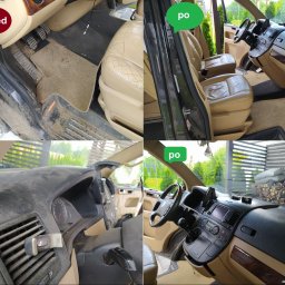 Władysław Kudriaszow BigMax Clean - Cztery ujęcia wnętrza samochodu przed i po czyszczeniu: brudne dywaniki i deska rozdzielcza kontra czyste powierzchnie i fotele ze skóry w odcieniach beżu.