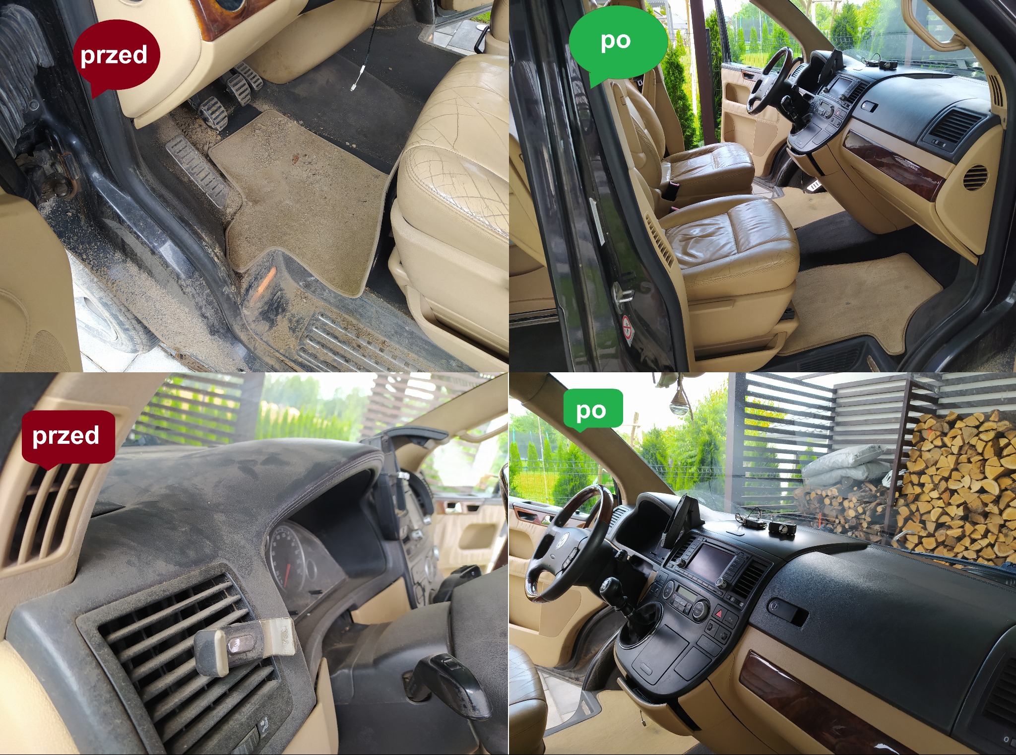 Cztery ujęcia wnętrza samochodu przed i po czyszczeniu: brudne dywaniki i deska rozdzielcza kontra czyste powierzchnie i fotele ze skóry w odcieniach beżu.