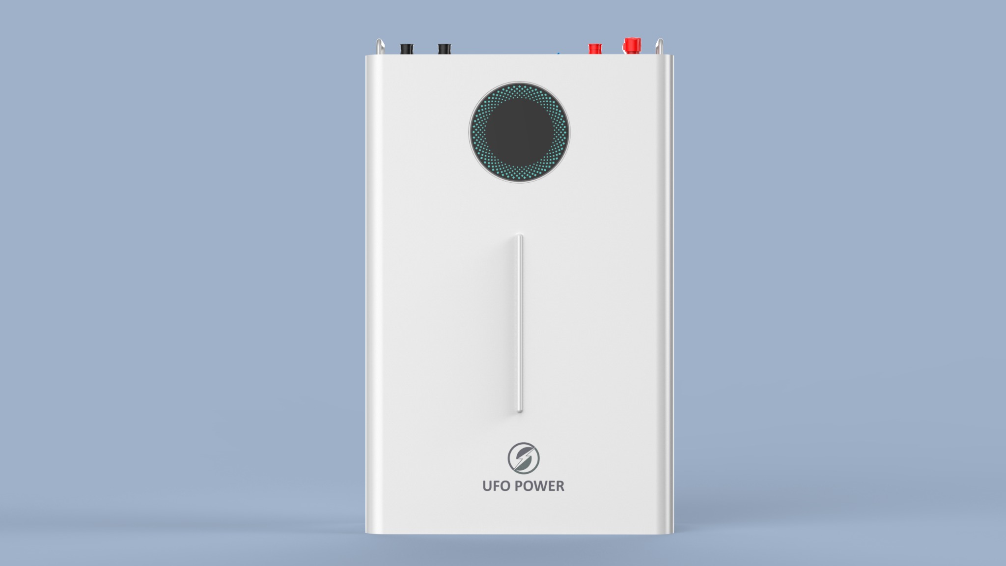 Biały, prostokątny moduł magazynu energii UFO Power z okrągłym otworem wentylacyjnym w górnej części i logo firmy na dole, na jasnoniebieskim tle.