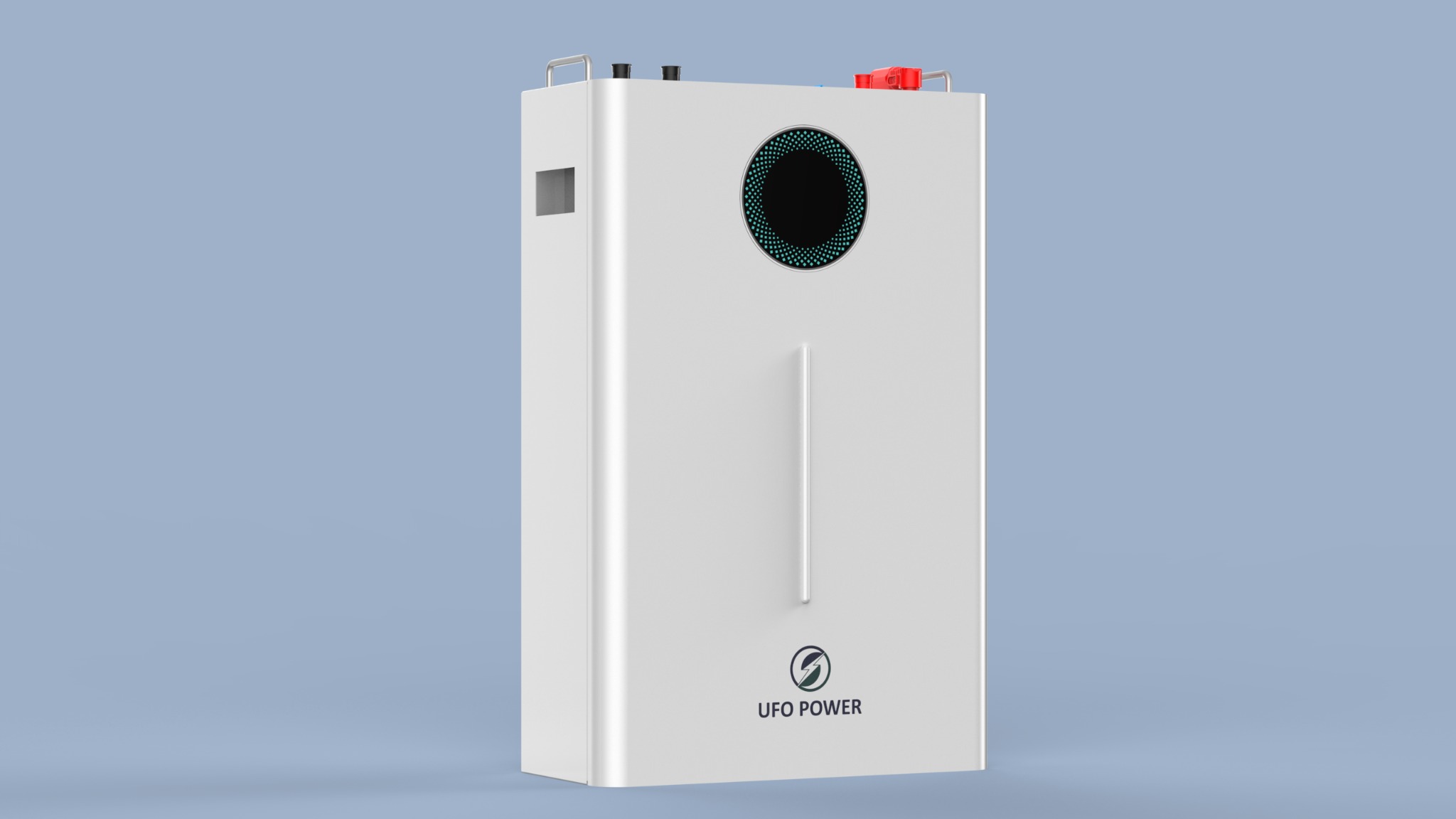 Biały moduł magazynu energii UFO Power z okrągłym wskaźnikiem LED na neutralnym, błękitnym tle.