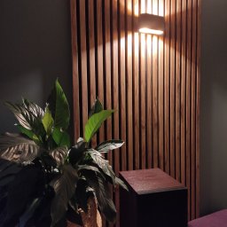 Damian Kwieciński - Drewniana ściana z lamelami oświetlona kinkietem, obok donica z zieloną rośliną i fragment mebla tapicerowanego na fioletowo.