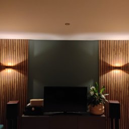 Damian Kwieciński - Pokój z ciemnozieloną ścianą, dekoracyjnymi panelami ściennymi z drewna z wbudowanym oświetleniem, telewizorem, głośnikami i rośliną doniczkową, tworzący nowoczesny wystrój wnętrza.