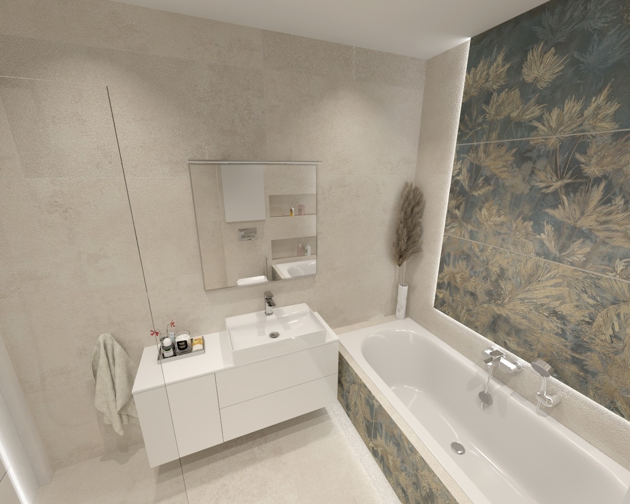 Nowoczesna łazienka w beżach z akcentem dekoracyjnych płytek z motywem roślinnym przy wannie, minimalistyczna umywalka nablatowa z szafką i lustrem.