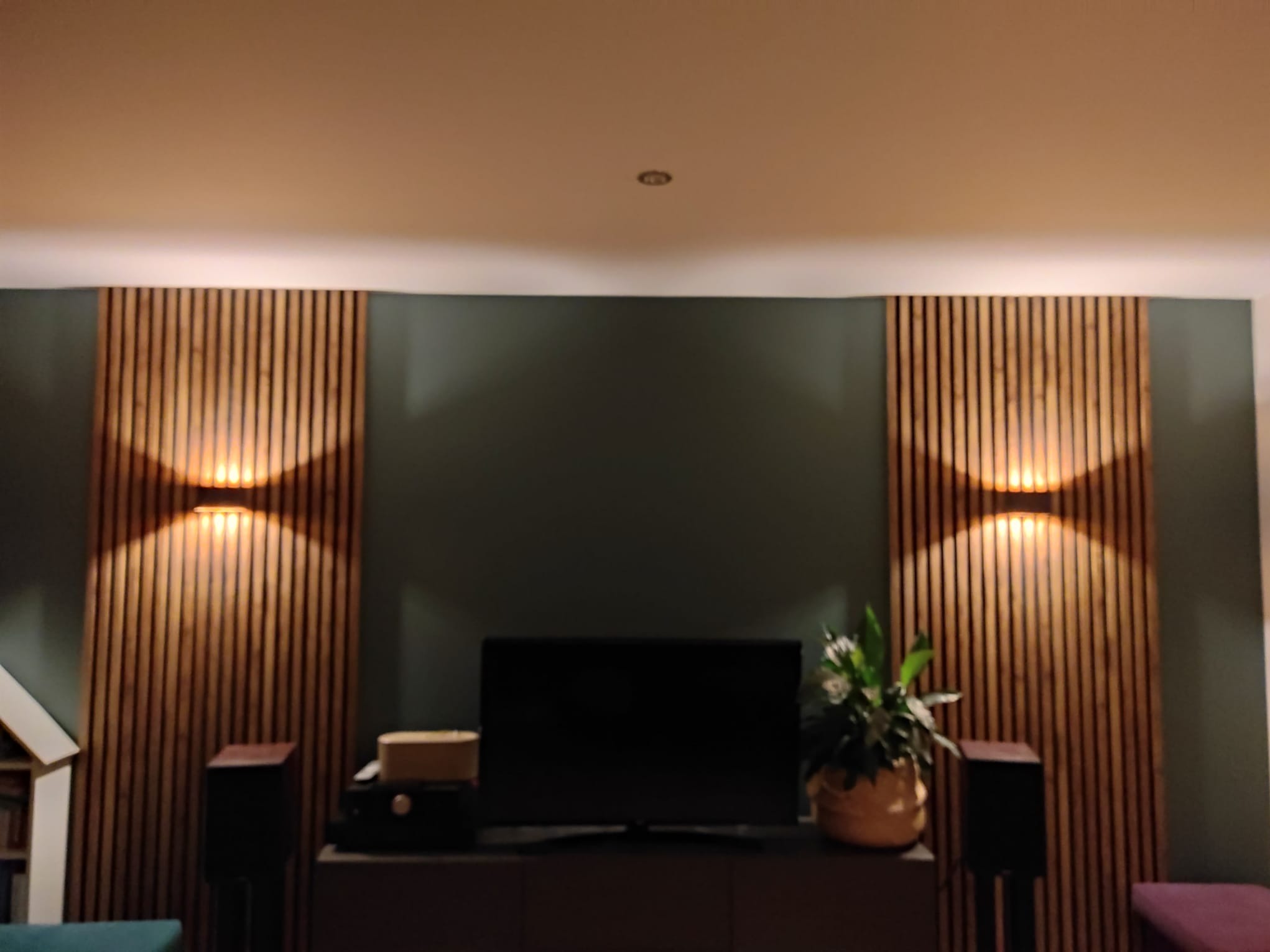 Pokój z ciemnozieloną ścianą, dekoracyjnymi panelami ściennymi z drewna z wbudowanym oświetleniem, telewizorem, głośnikami i rośliną doniczkową, tworzący nowoczesny wystrój wnętrza.