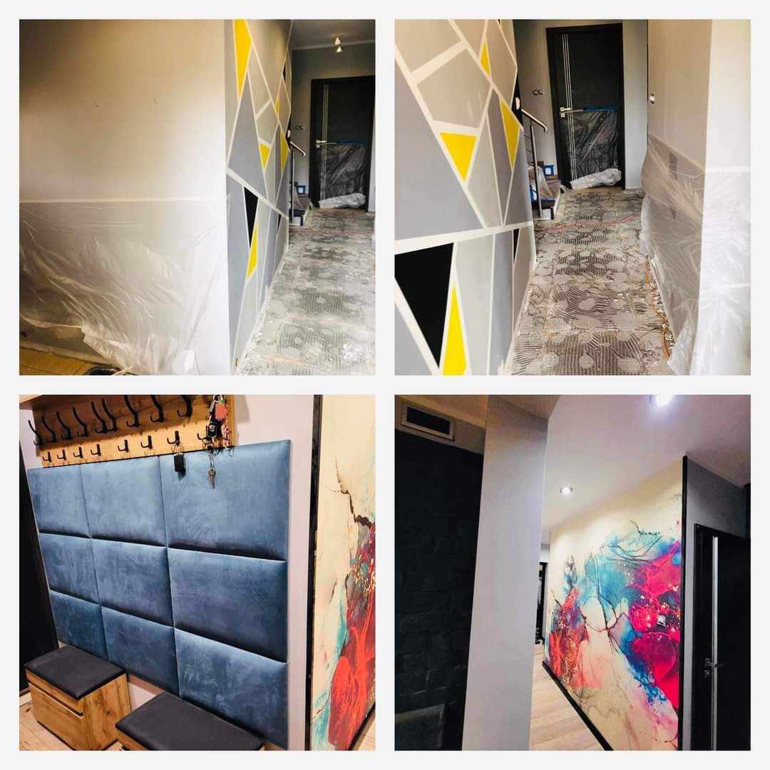 Kolaż przedstawiający korytarz w trakcie i po dekoracji: surowa ściana zabezpieczona folią, geometryczne malowanie ścian w szarościach i żółciach, tapicerowany panel ścienny z wieszakami...