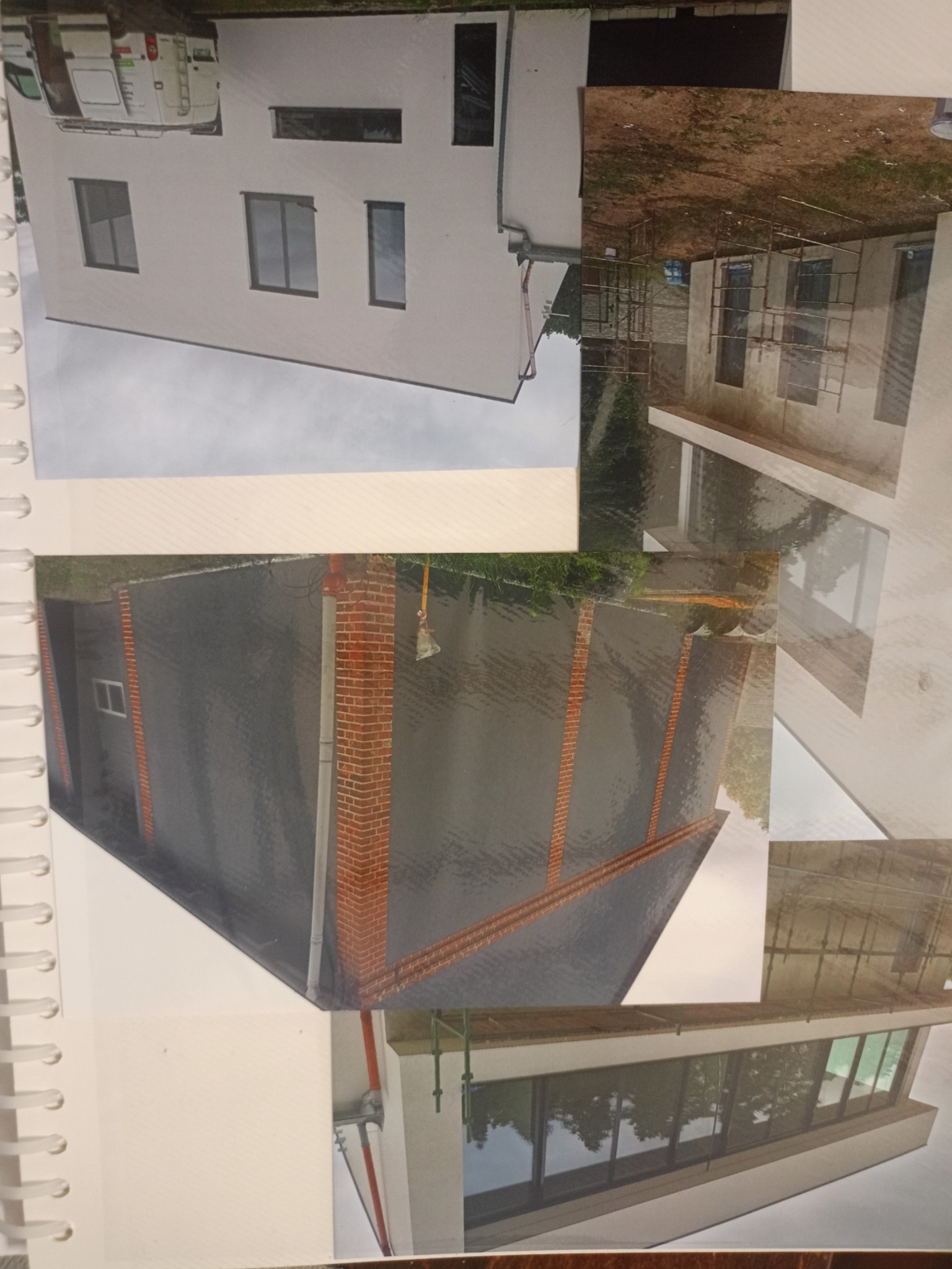 Kolaż zdjęć przedstawiających różne etapy prac elewacyjnych: biała elewacja z oknami, szara elewacja z ceglanymi detalami, budynek w trakcie budowy z rusztowaniami.