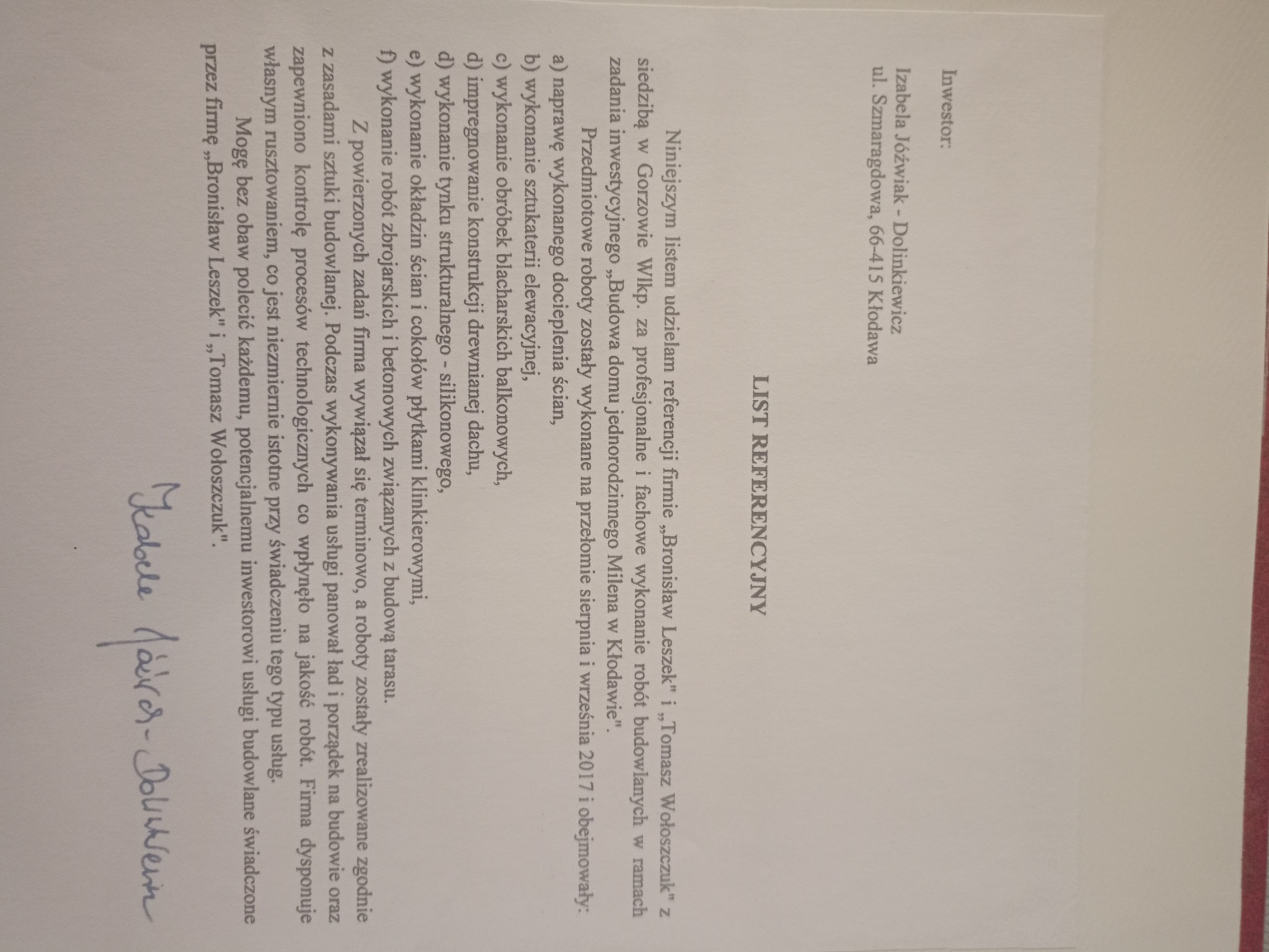Skan listu referencyjnego dla firmy budowlanej Bronisław Leszek i Tomasz Wołoszczuk, z wyszczególnieniem zakresu prac wykonanych w Kłodawie, w tym naprawa docieplenia ścian, sztukateria elewacyjna,...