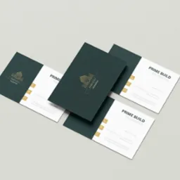 Zestaw wizytówek firmy Prime Build Properties w kolorach białym i ciemnozielonym ze złotym logo na teksturowanym, jasnoszarym tle.