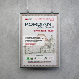 Joanna Stawowy - Plakat promujący Narodowe Czytanie 'Kordiana' Juliusza Słowackiego 29.09.2024 na Zamku w Korzkwi, z ilustracją zamku i logotypami organizatorów, zawieszony na szarym tle.