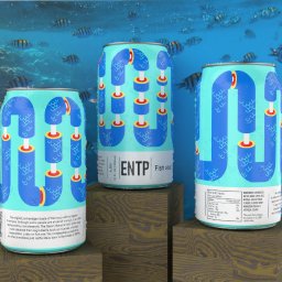 Joanna Stawowy - Trzy puszki napoju 'Fish Soup' z abstrakcyjnym wzorem ryb na tle podwodnego krajobrazu z ławicą ryb, prezentowane w Krakowie.