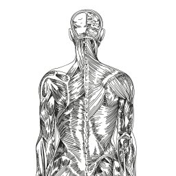 Joanna Stawowy - Czarno-biała ilustracja anatomiczna przedstawiająca mięśnie i szkielet pleców oraz przekrój głowy z widocznym mózgiem.