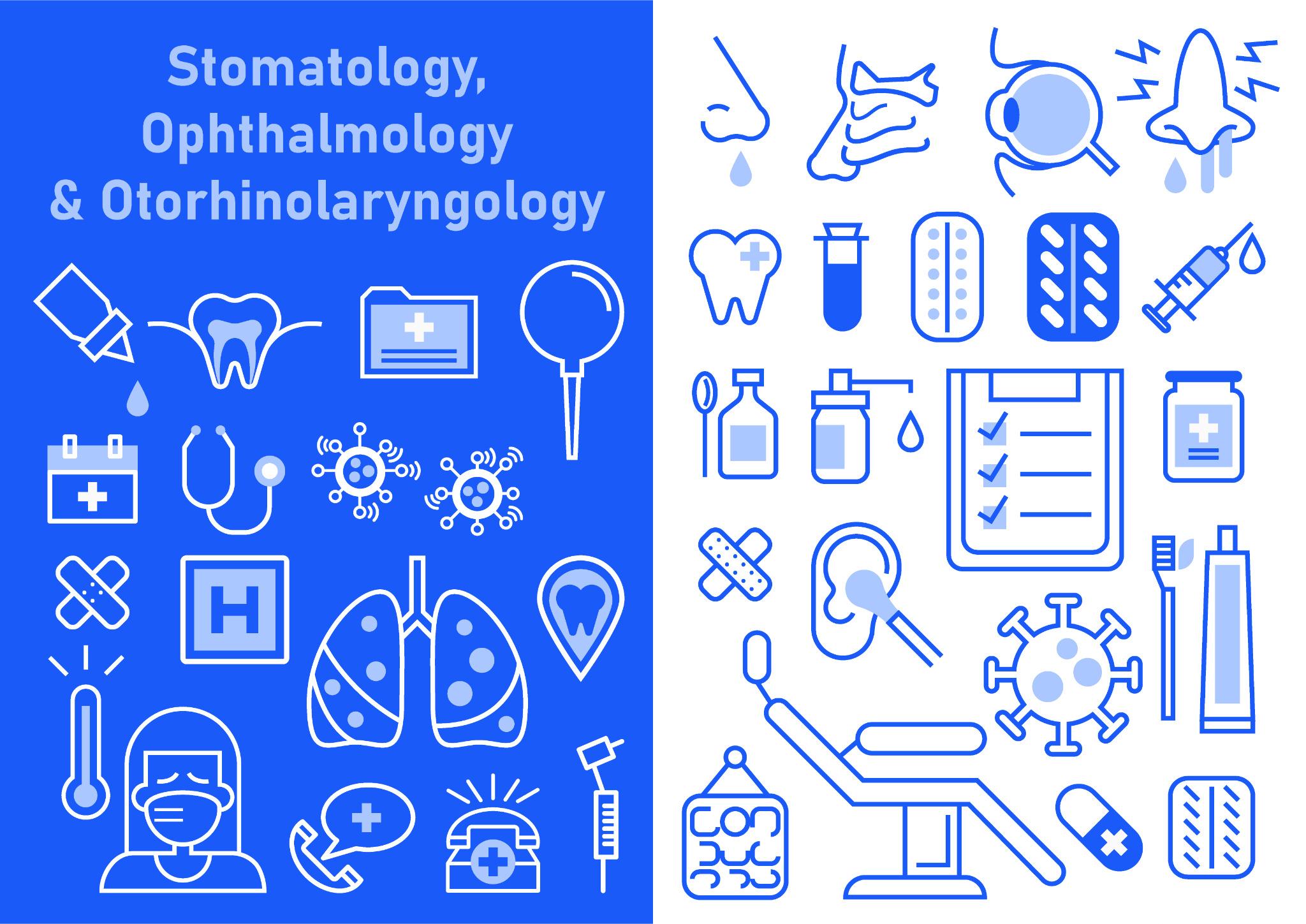 Ilustracja wektorowa przedstawiająca ikony związane z medycyną, stomatologią, okulistyką i otolaryngologią, w odcieniach niebieskiego i białego, na podzielonym tle.