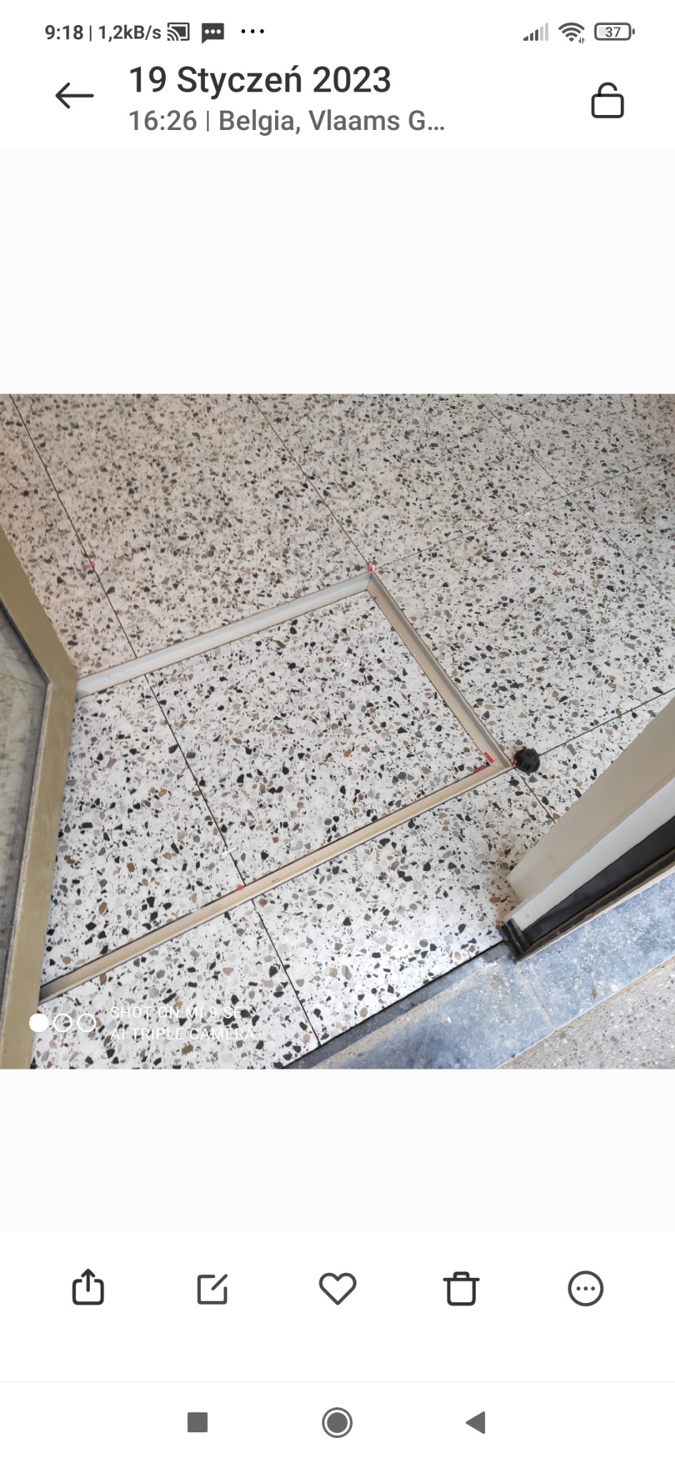 Fragment podłogi wyłożonej terazzo z widocznymi profilami dylatacyjnymi przy progu drzwi.