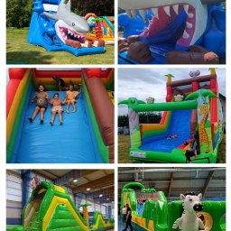 Mobil Event Patryk Wojda - Kolaż sześciu zdjęć przedstawiających różnorodne dmuchańce: rekin, zjeżdżalnie z motywami dżungli, kolorowe konstrukcje dla dzieci w plenerze i w hali.