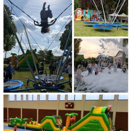 Mobil Event Patryk Wojda - Kolaż z imprezy plenerowej: skoki na trampolinie bungee, dmuchańce i zabawa w pianie. Radosne dzieci i dorośli korzystają z atrakcji.