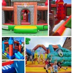 Mobil Event Patryk Wojda - Kolorowy dmuchany zamek z motywami rycerskimi i dinozaurów, dzieci bawiące się na dmuchańcu. Różne atrakcje, w tym zjeżdżalnie i basen z kulkami.