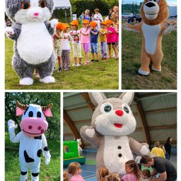 Mobil Event Patryk Wojda - Kolaż z czterech zdjęć: animatorzy w strojach kota, lwa, krowy i królika w otoczeniu dzieci podczas imprezy plenerowej i w hali sportowej.