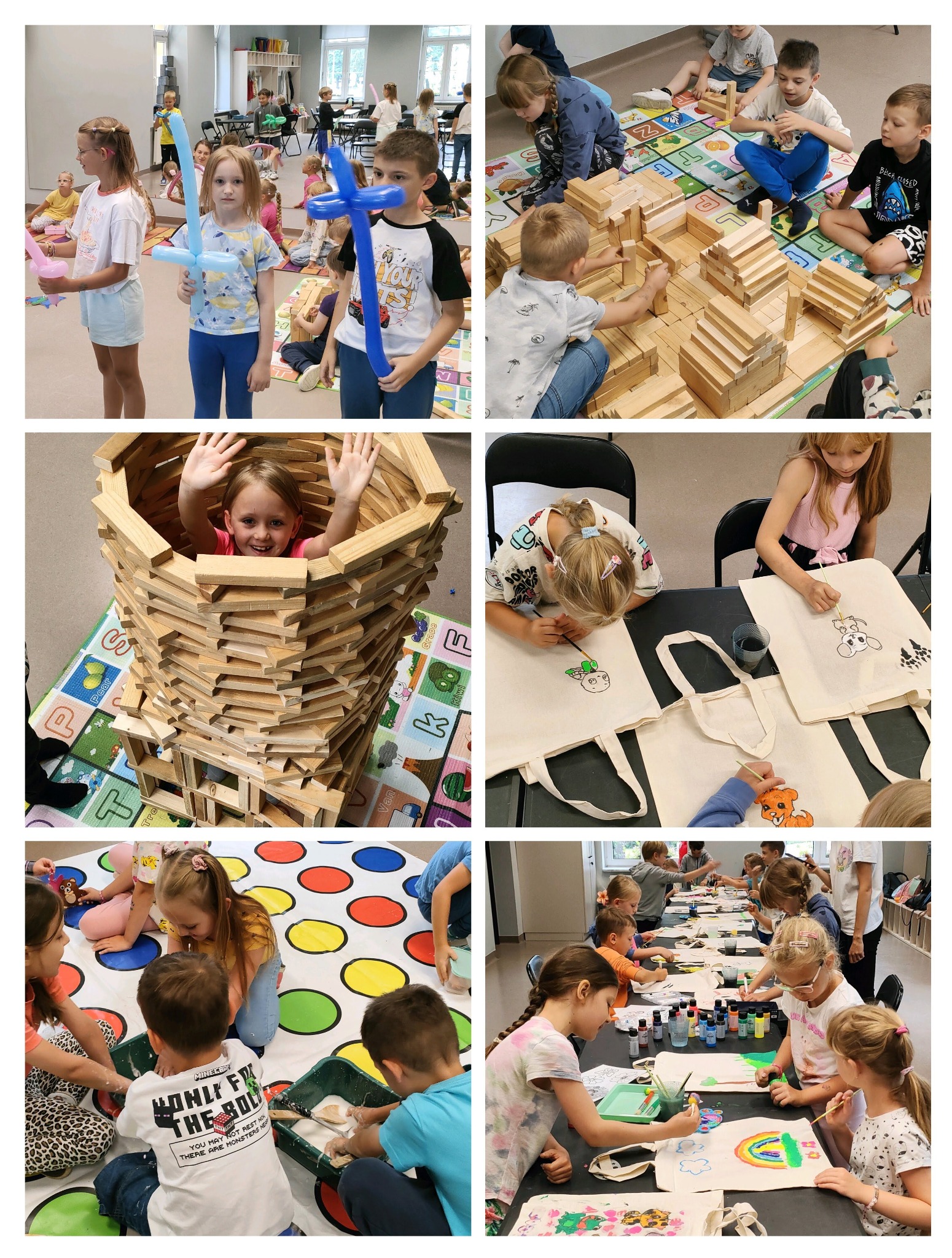 Kolaż zdjęć z animacji dla dzieci: modelowanie balonów, budowle z drewnianych klocków, malowanie toreb. Radosna zabawa w grupie.