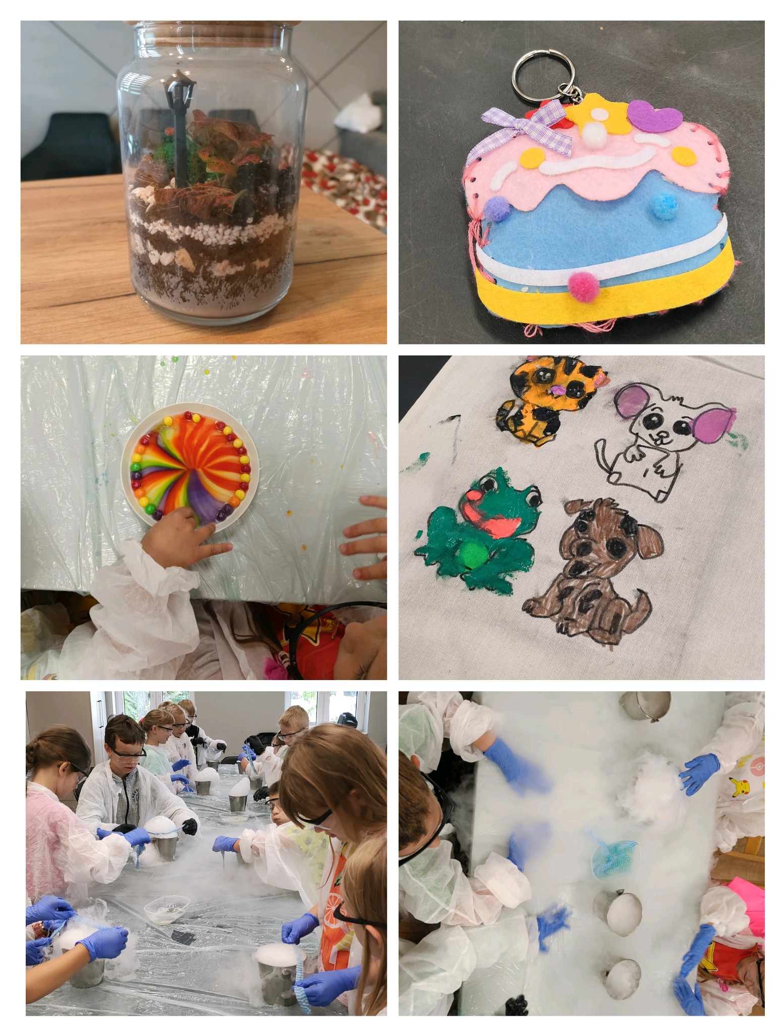Kompozycja kolażu: terrarium, brelok-ciastko, tęczowy eksperyment, malowanki na płótnie, dzieci w fartuchach robiące eksperymenty z suchym lodem.