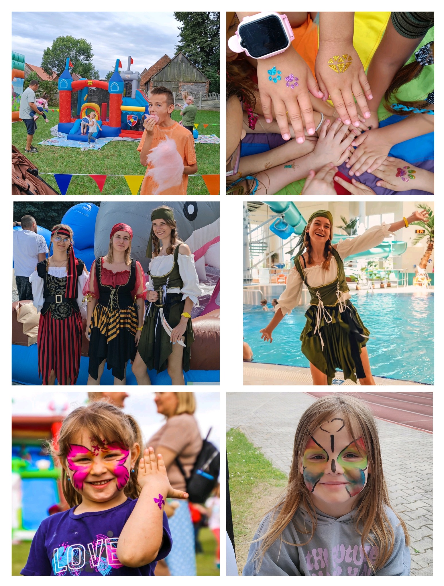 Kolaż zdjęć z animacji dla dzieci: dmuchany zamek, tatuaże brokatowe, stroje pirackie, malowanie twarzy w motywy motyla, basen. Różnorodność atrakcji.