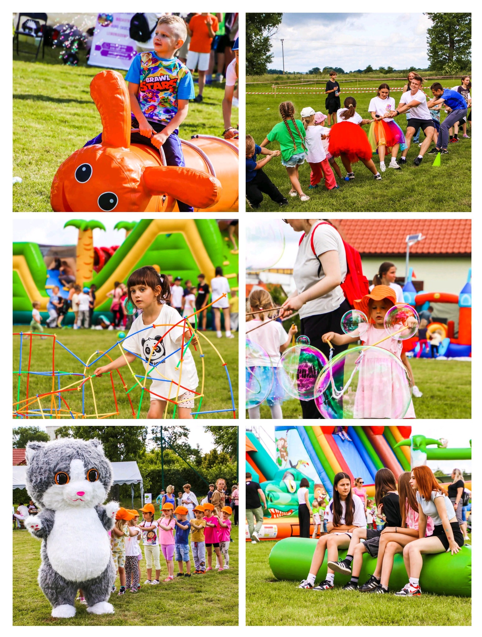 Kolaż z imprezy plenerowej dla dzieci: dmuchańce, przeciąganie liny, zabawy z animatorem w kostiumie kota i puszczanie baniek mydlanych. Radosna atmosfera.