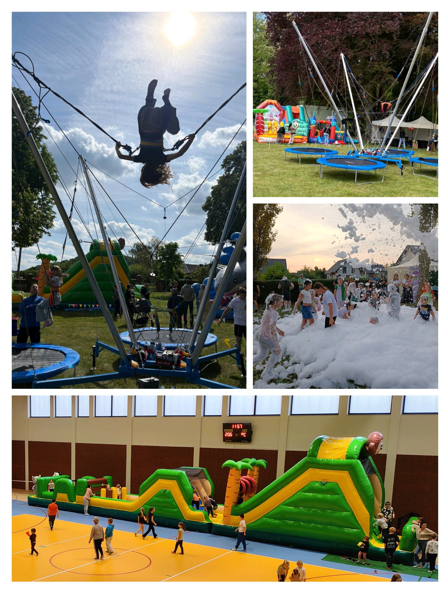 Kolaż z imprezy plenerowej: skoki na trampolinie bungee, dmuchańce i zabawa w pianie. Radosne dzieci i dorośli korzystają z atrakcji.