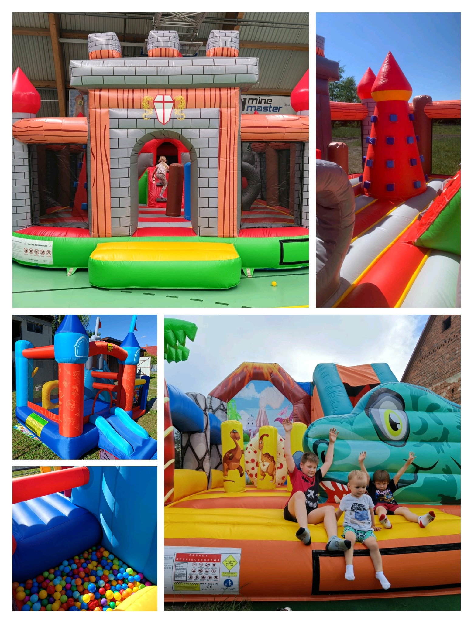 Kolorowy dmuchany zamek z motywami rycerskimi i dinozaurów, dzieci bawiące się na dmuchańcu. Różne atrakcje, w tym zjeżdżalnie i basen z kulkami.