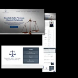 Prezentacja responsywnej strony internetowej kancelarii radcy prawnego Wojciecha Michałowskiego z wagą sprawiedliwości w tle i danymi kontaktowymi.