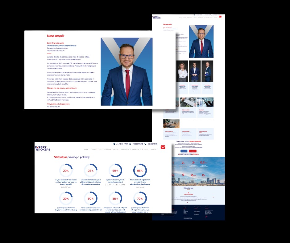 Prezentacja strony internetowej firmy Expert Brokers z sekcją 'Nasz Zespół', statystykami i danymi kontaktowymi. Układ responsywny, nowoczesny design.