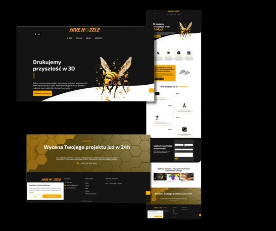 Nowoczesny design strony internetowej z motywem plastra miodu i pszczoły, w odcieniach czerni i złota. Prezentacja projektu 'Hive Nozzle' z hasłem 'Drukujemy przyszłość w 3D'.