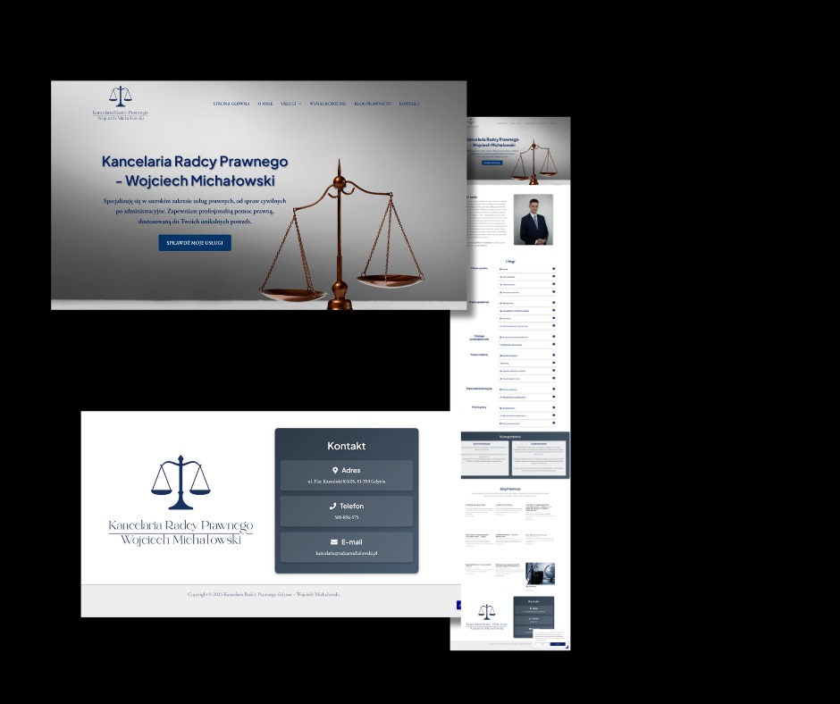 Prezentacja responsywnej strony internetowej kancelarii radcy prawnego Wojciecha Michałowskiego z wagą sprawiedliwości w tle i danymi kontaktowymi.