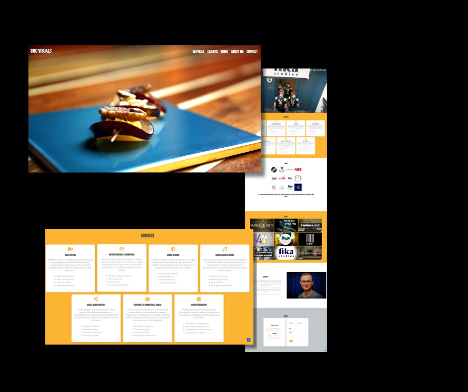 Żółto-biała strona internetowa z portfolio, prezentująca usługi wideo, animacji, edycji kolorów i treści w mediach społecznościowych.