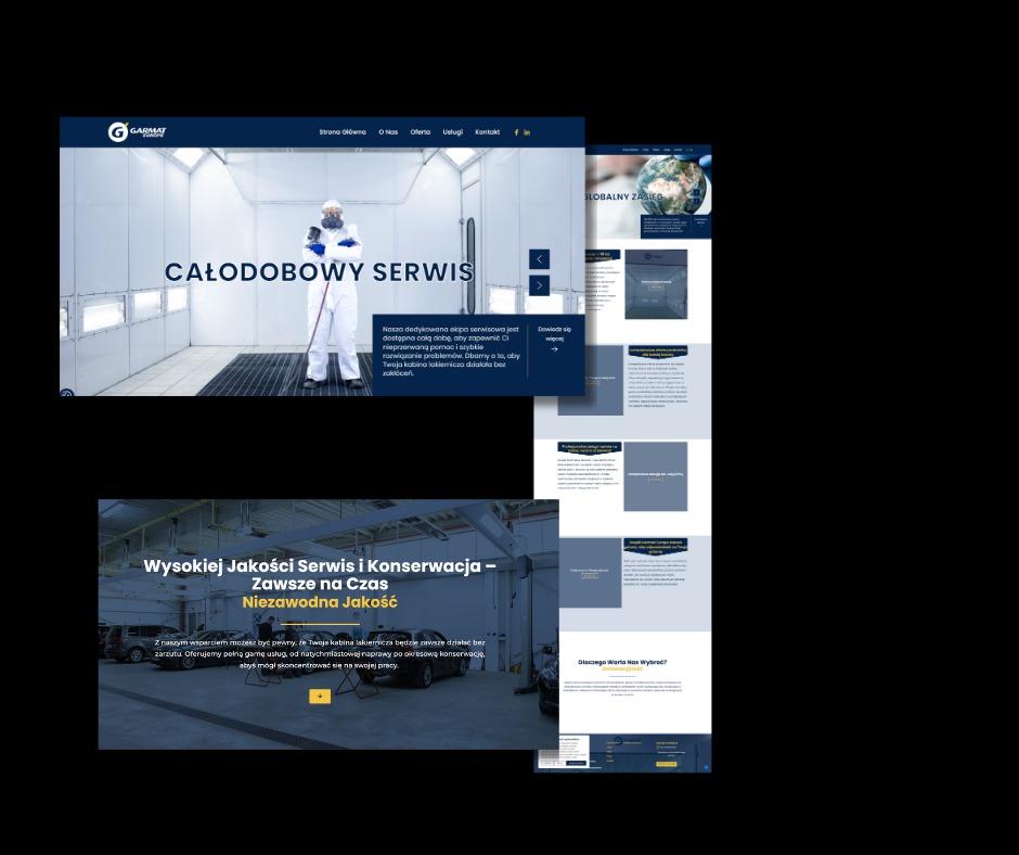 Responsywna strona www firmy Garmat ze Skrzyszowa, prezentująca całodobowy serwis i konserwację kabin lakierniczych, z czytelną nawigacją i nowoczesnym designem.