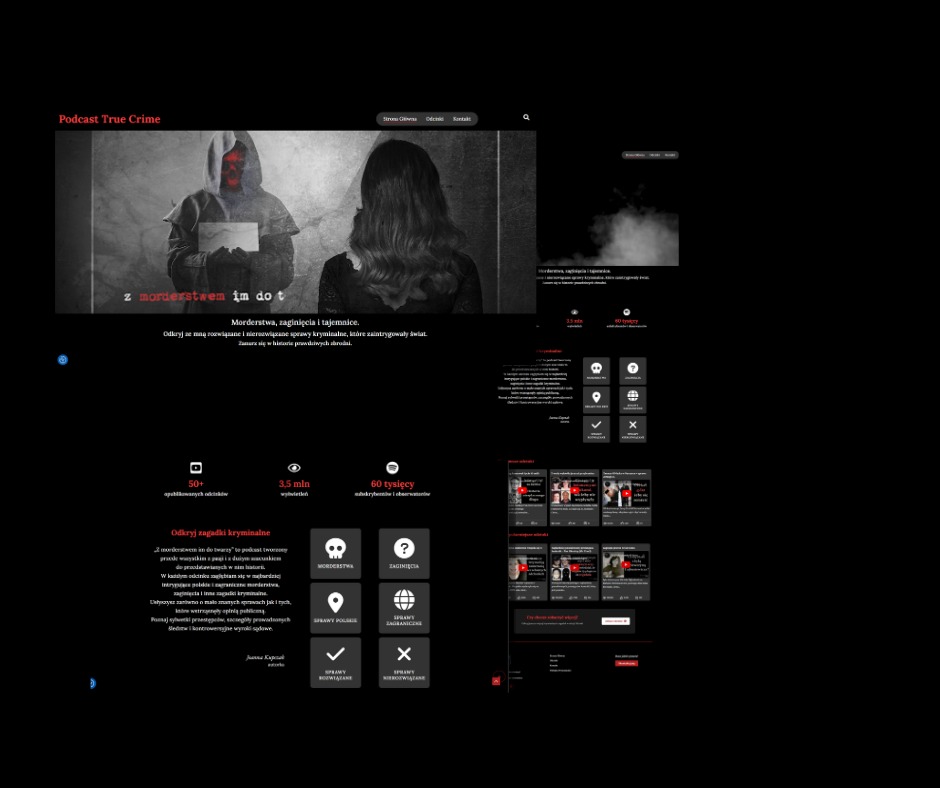 Strona internetowa podcastu True Crime: morderstwa, zaginięcia, tajemnice. Grafika z sylwetkami, statystyki odsłon i subskrybentów, formularz zapisu do newslettera.