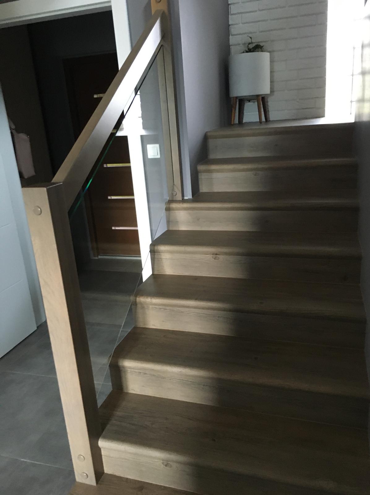 Jasne, dębowe stopnie z delikatnym usłojeniem, osadzone w nowoczesnej konstrukcji ze szklaną balustradą. Minimalistyczny design z rośliną w tle.