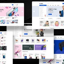 Maksymilian Brzóska - Kompozycja zrzutów ekranu responsywnego sklepu internetowego z elektroniką, prezentująca różne sekcje strony głównej, w tym slider z promocją smartfona, ofertę słuchawek bezprzewodowych, kategorie...