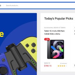 Maksymilian Brzóska - E-commerce website promoting a 25% discount on KINVOCA C25 Joycon controllers, blue and yellow, alongside other trending products like tablets, air purifiers, and VR headsets.