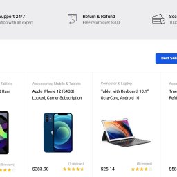 Maksymilian Brzóska - E-commerce website showcasing trending products of the week: Apple iPhone 13 Pro Max in Sierra Blue, 10.4-inch Tablet, Apple iPhone 12, Tablet with Keyboard, Retro Refrigerator, and Smart Home Camera.