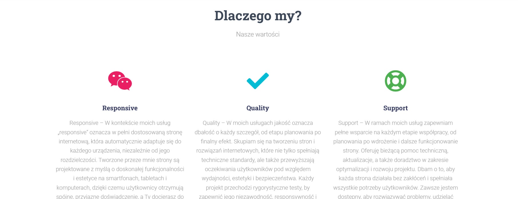 Infografika prezentująca trzy filary firmy ze Szczecina: responsywność symbolizowana przez ikony dymków czatu, jakość oznaczona symbolem ptaszka w kółku oraz wsparcie z ikoną koła ratunkowego, wraz...